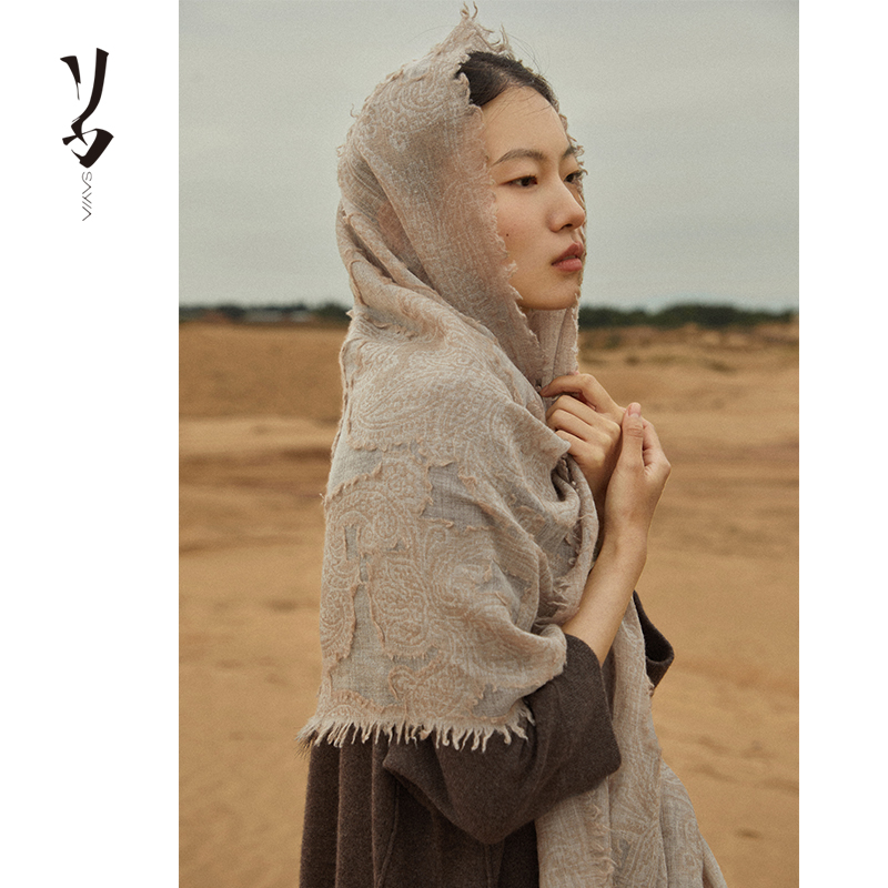 浮纹轻薄羊绒长围巾披肩/搭配