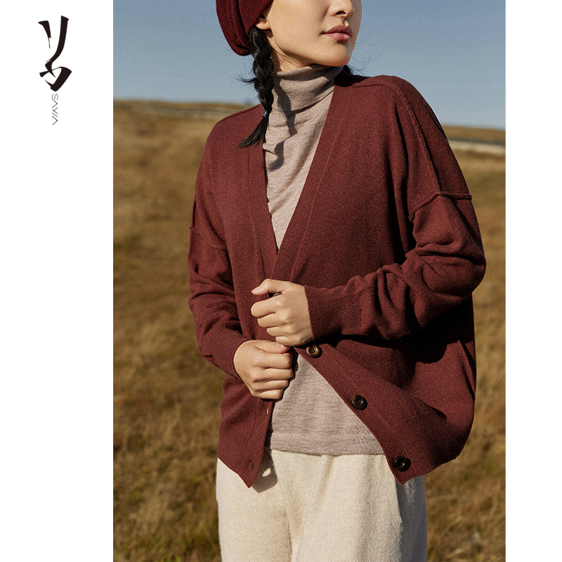 木香花气质V领落肩袖羊绒开衫