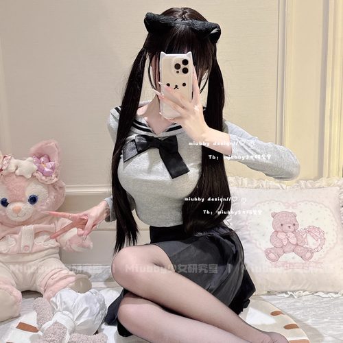 Miubby「灰心小猫」日系甜美学院风蝴蝶结水手服jk套装显瘦两件套