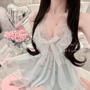 Miubby「天使綿綿喵」纯欲性感甜美猫咪印花蕾丝深V吊带睡衣套装