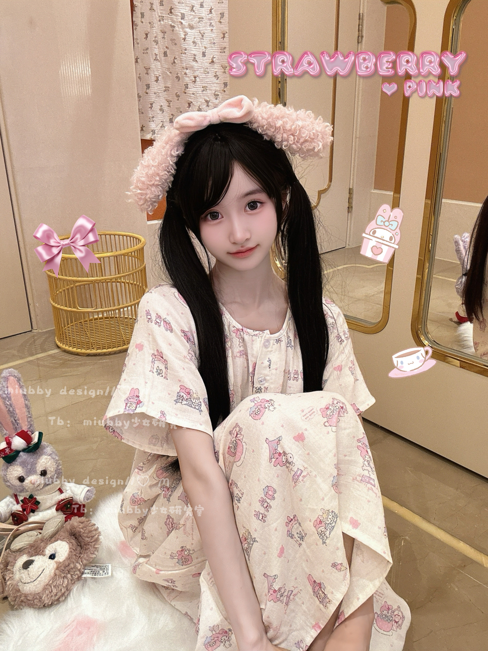 Miubby「奶乖小美」少女日系卡通可爱短袖睡裙棉纱宽松居家连衣裙