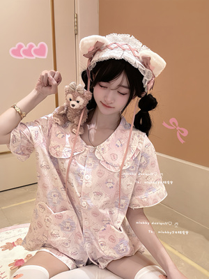 Miubby「喵喵爱恋」日系甜美卡通印花短袖娃娃领少萝睡衣居家服