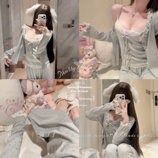 Miubby「柔灰秘境」春秋甜美纯欲蕾丝蝴蝶结磨毛睡衣三件套可外穿