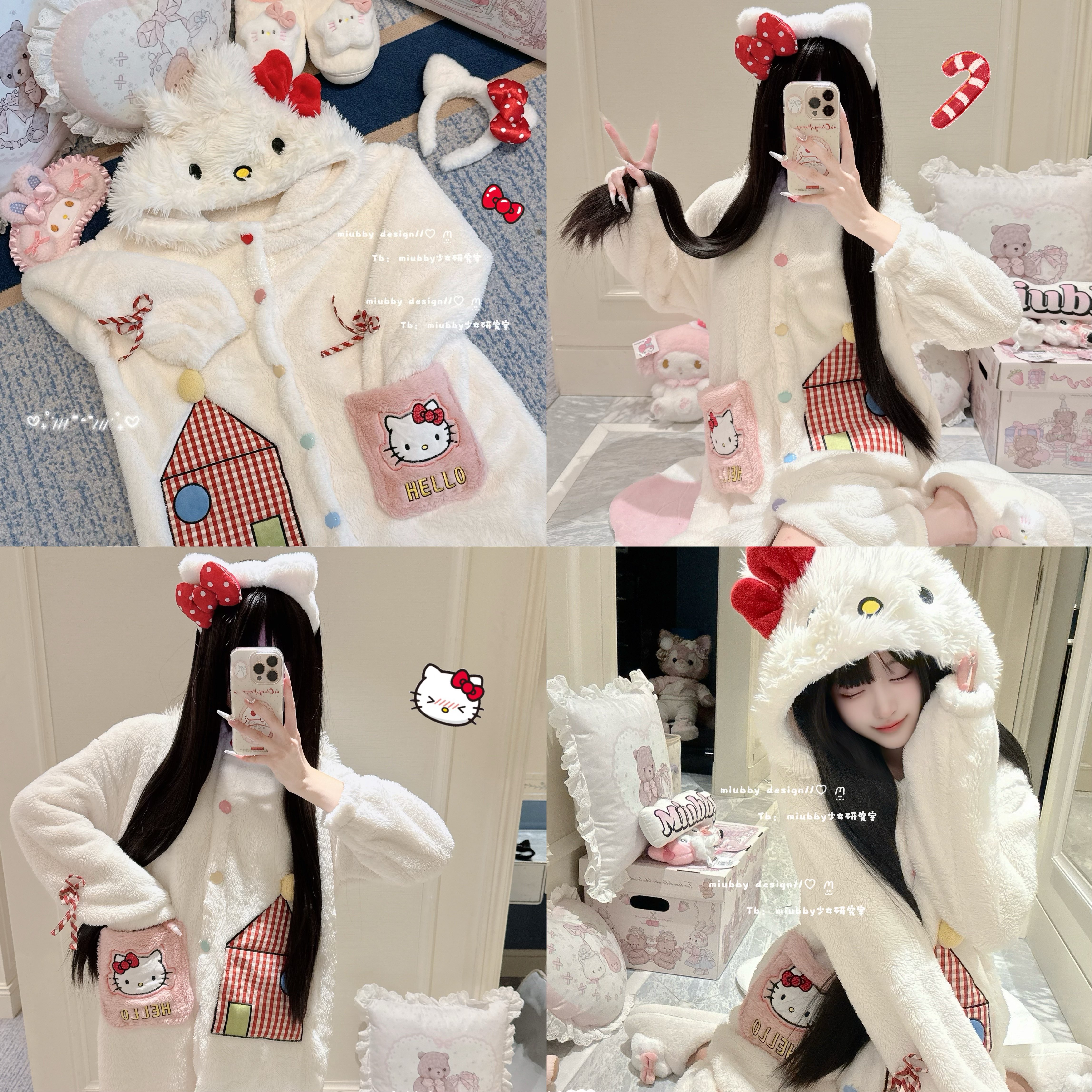 Miubby「Kitty派对」冬季猫咪连帽睡袍长裤套装珊瑚绒保暖睡衣厚