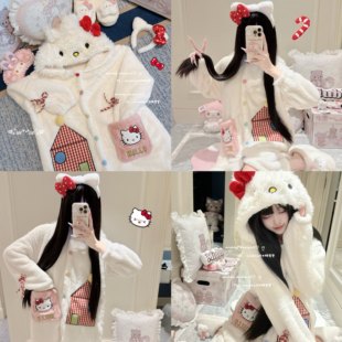 Miubby「Kitty派对」冬季猫咪连帽睡袍长裤套装珊瑚绒保暖睡衣厚