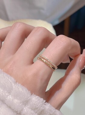 简约双层开口戒指锆石蜂巢时髦个性指环ins百搭可调节戒指女