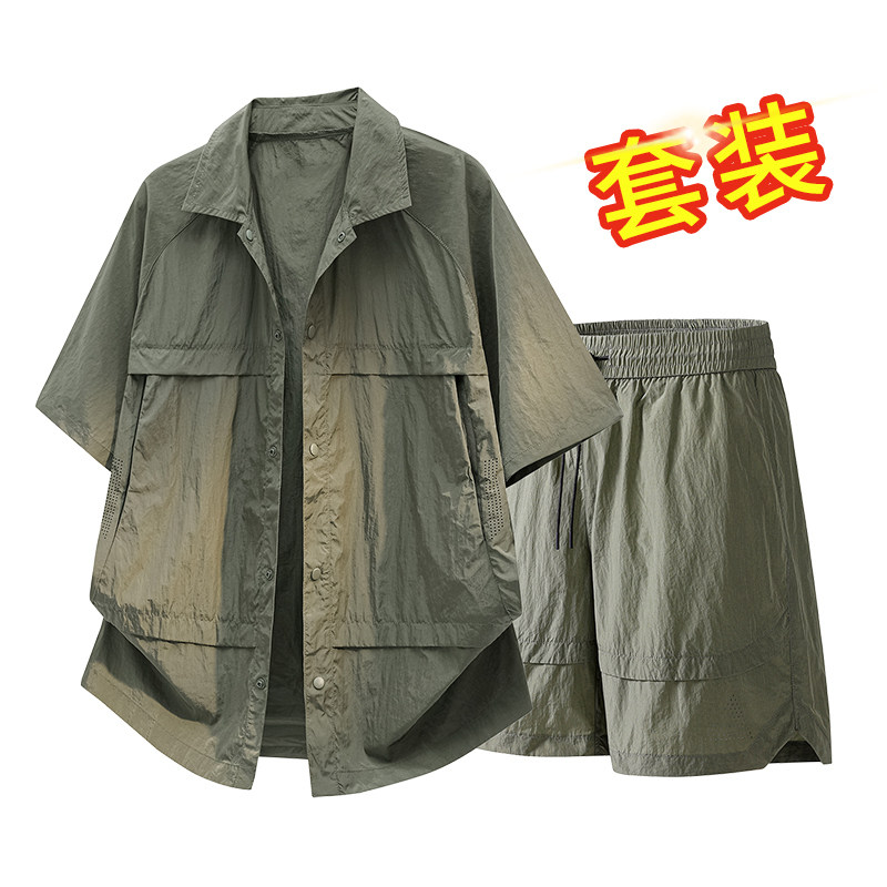 外贸尾货夏季男宽松透气潮牌学生短袖套装中青年翻领衬衫两件套