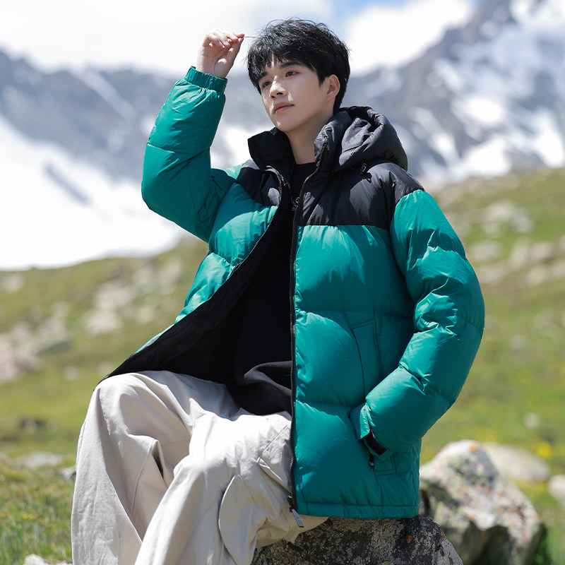 外贸尾货户外羽绒服男撞色拼接白鸭绒外套夹克情侣款冲锋衣面包服