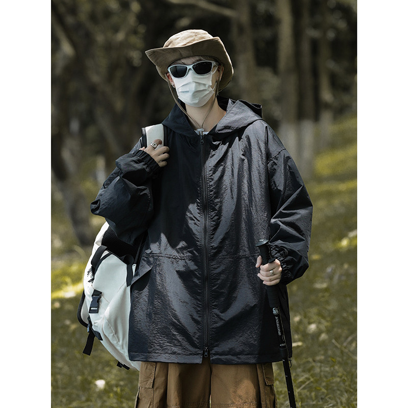外贸尾货春季男新款廓型冲锋衣纯色简约百搭休闲运动宽松外套夹克
