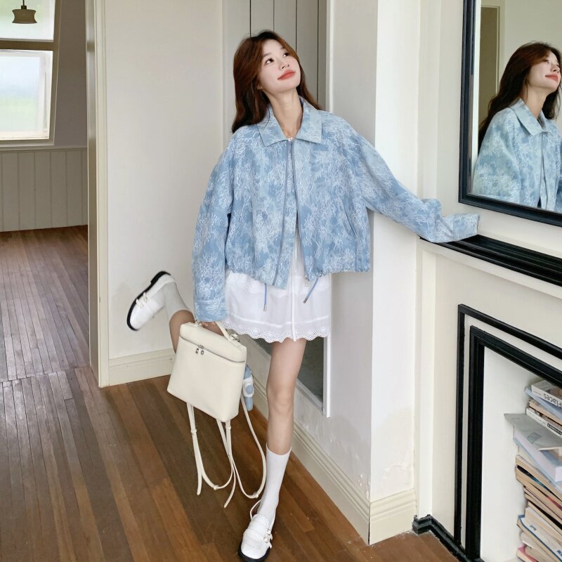 档口大货牛仔面料复合亮片蕾丝工艺2B218-2506-P180,控268,女装短外套,2B218