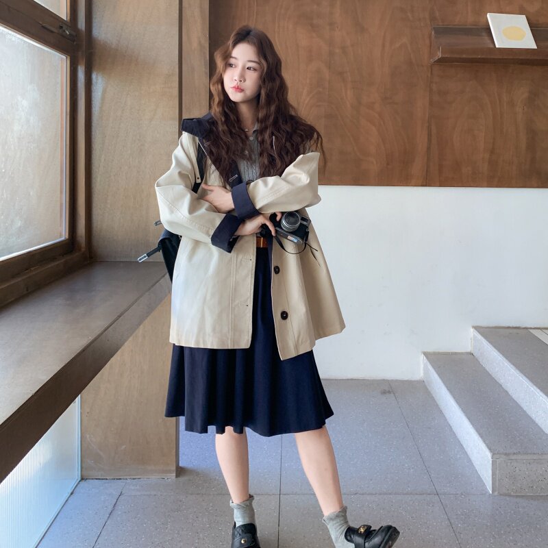 有货浅卡其拼接撞色复古风衣外套，2B218-2527-P185，控268,女装短外套,2B218