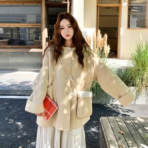 黄色连帽双面呢外套女2025冬季新款小个子超好看宽松减龄羊绒大衣图片