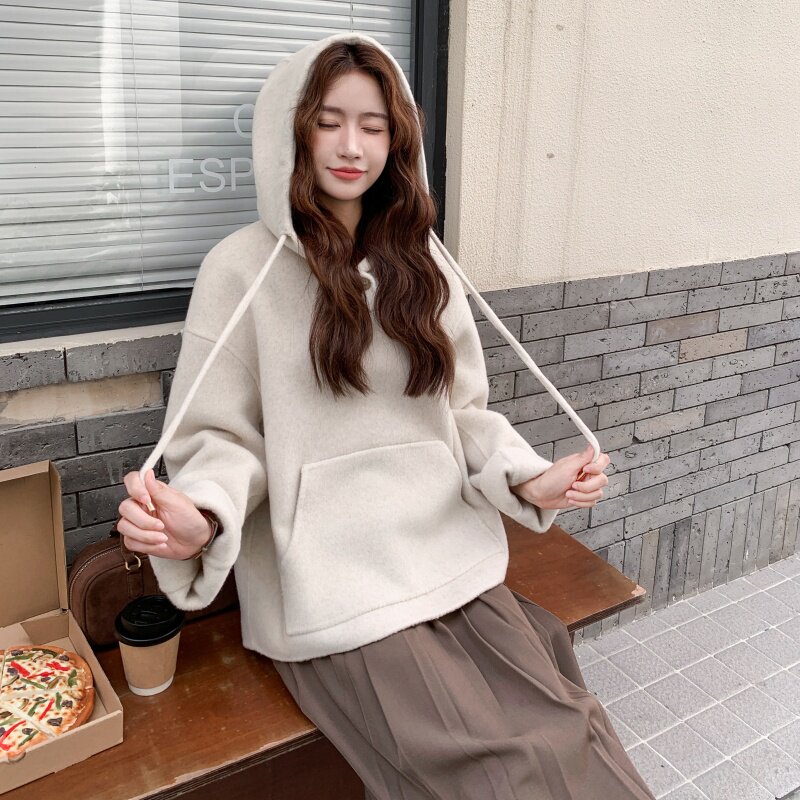 新潮流燕麦色双面呢套头卫衣羊绒外套，2B218-2537-P245,控358,女装羊绒大衣,2B218