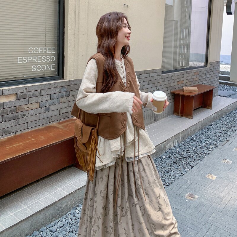 档口麂皮马甲+半身裙+衬衫三件套2B2118-2512-P265,控388,女装套装/套裙,2B218