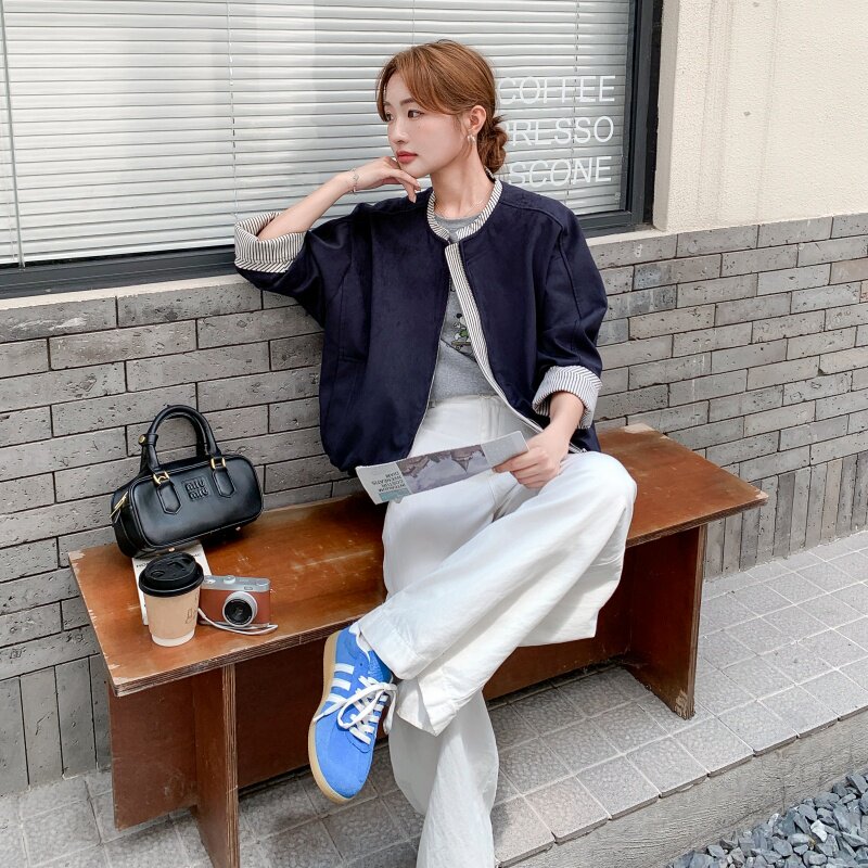 撞色拼接条纹假两件短外套女春秋2025新款休闲气质显瘦小个子上衣,女装短外套,2B218