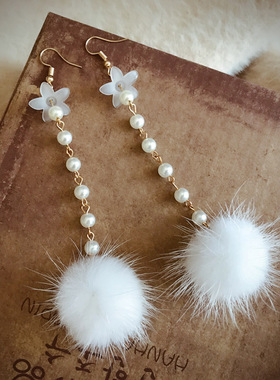 白色毛球耳环韩国气质水貂毛耳坠珍珠长款丝带蝴蝶结超仙网红耳饰