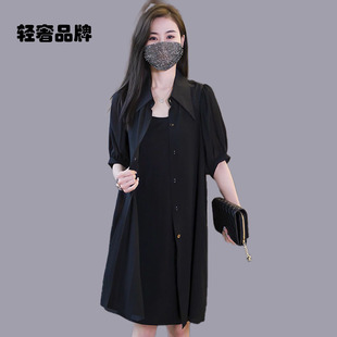 朗姿约定短袖 领连衣裙套装 吊带裙两件套女2025夏季 黑色雪纺衬衫