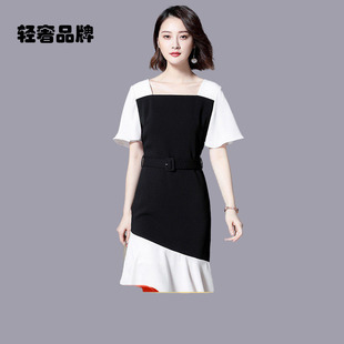 新款 鱼尾裙子 显瘦气质2022夏季 朗姿约定撞色拼接连衣裙女修身