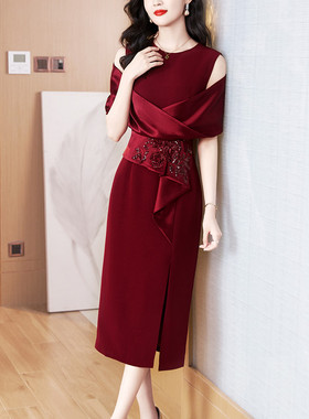 酒红色三醋酸晚礼服连衣裙女2025春夏新款高级感喜婆婆妈妈婚宴装