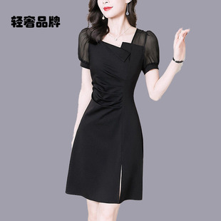 黑色收腰裙子网纱袖 女装 子拼接气质连衣裙裙 新款 朗姿约定2026夏季