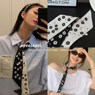 NOVA LABEL 可爱复古小雏菊花花黑白丝巾丝带束发绑包女小配饰