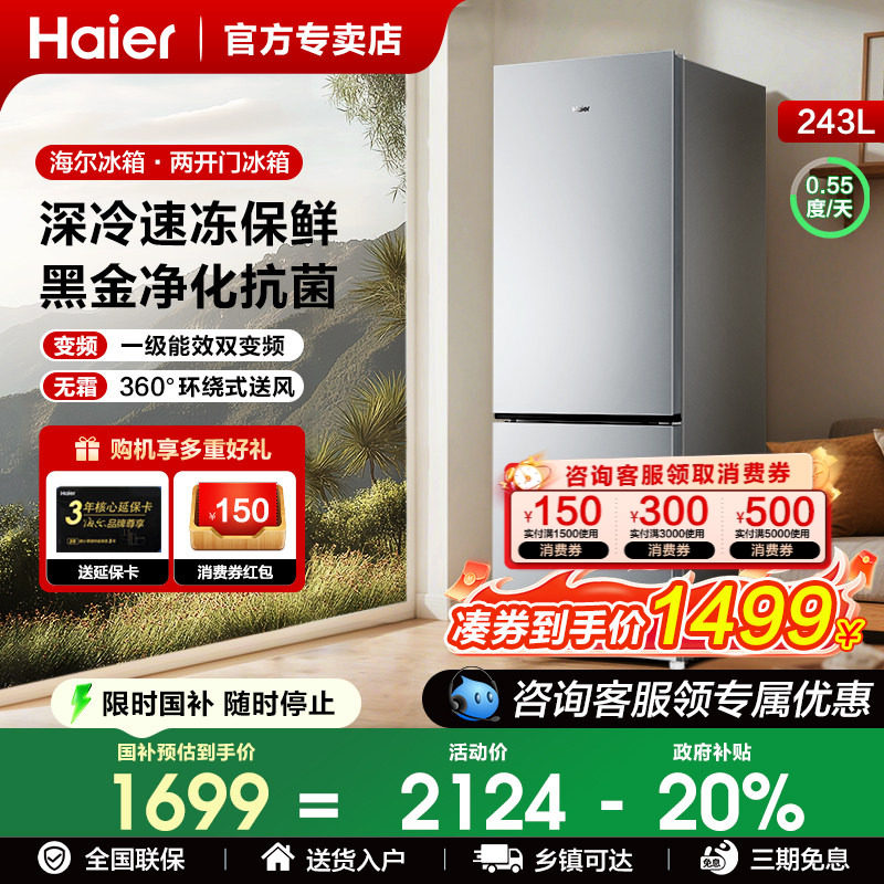 海尔243升双门三门一级电冰箱