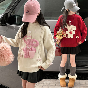 女童毛衣冬季2025新款韩版百搭中大童儿童加厚保暖新年红色针织衫