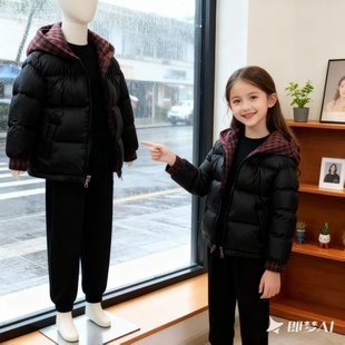 女童双面穿棉服2025新款儿童连帽加厚保暖格子外套冬季休冬装外套