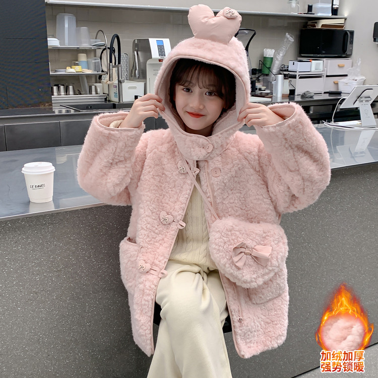 女童加绒毛毛外套冬季新款加厚小女孩羊羔毛绒上衣潮
