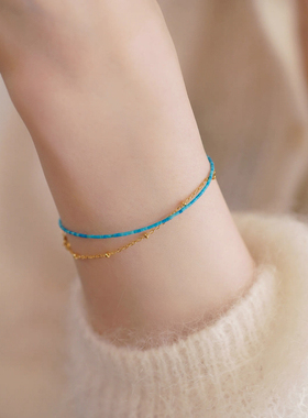 「湖」叠戴巨好看极细1mm天然绿松石手链女小众高级幸运蓝色水晶