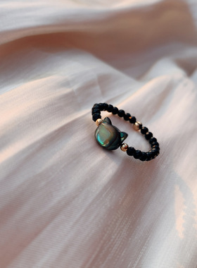 极细黑猫戒指日系天然水晶石黑水晶个性珠串指环