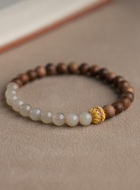 印度正区老山檀香虎皮纹手链6mm藕粉和田玉单圈手串