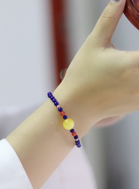 阿富汗天然7A青金石手链女款搭配原矿蜜蜡南红手串单圈水晶手串