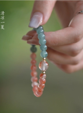 天然原矿蓝水翡翠搭配南红手链国风保山樱桃红冰飘双拼手串新中式