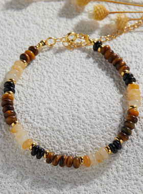 天然宝石虎眼东陵玉黑玛瑙彩宝串珠手链女搭配S925通体纯银新款