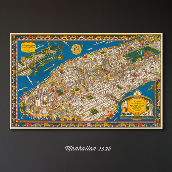 Manhattan1926 纽约曼哈顿复古地图 巨幅 撞色波普家居装饰画挂画