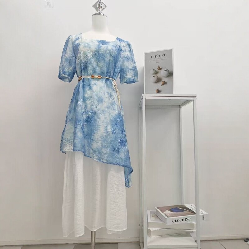 原创手工扎染连衣裙云南古法植物染女装旅游度假风夏短袖长裙子