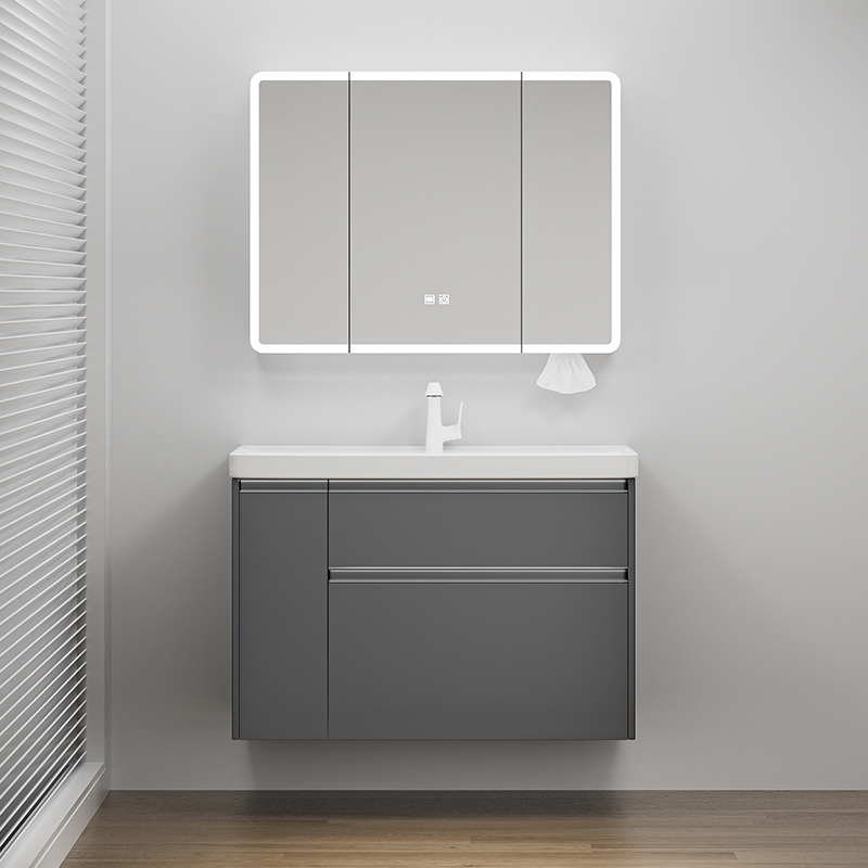 深灰色铝蜂窝浴室柜三层储物抽屉拉篮收纳组合陶瓷一体盆洗漱台