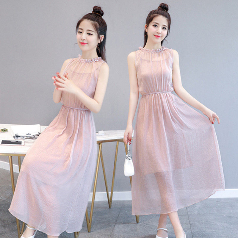 Small fragrant wind Sleeveless Chiffon Dress 2019 Spring and summer new pattern Self cultivation Show thin Pink longuette Thailand on vacationin the Women's clothing/Boutique , Dress  category - from Buy2taobao.com to provide professional Taobao agent buy service