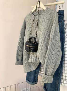 2024秋冬慵懒风加厚复古麻花马海毛宽松外穿圆领打底套头毛衣女潮