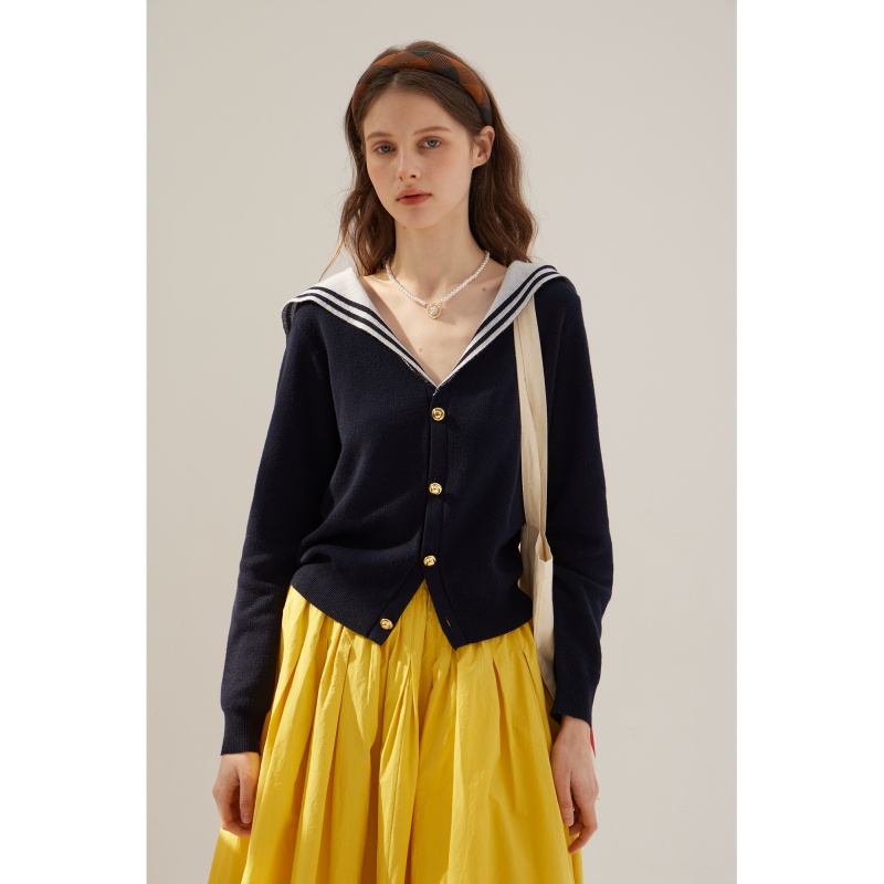 法式复古海军领撞色翻领针织开衫毛衣女外套新款春秋内搭v领上衣