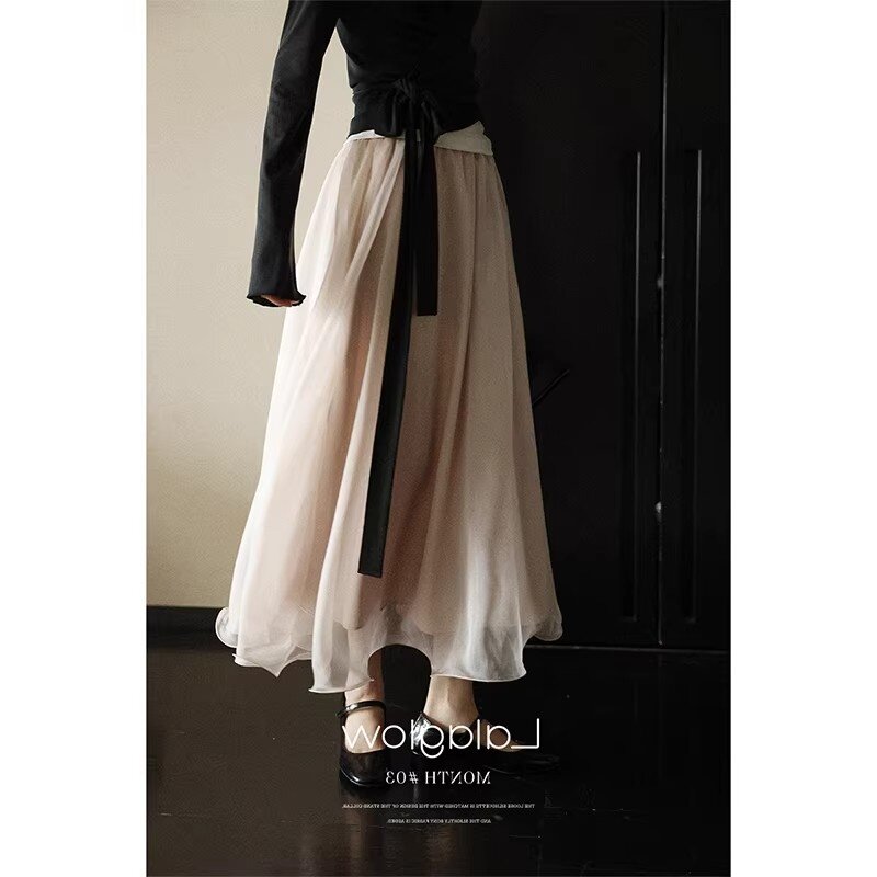 法式温柔风大摆鱼骨卷边A字纱裙显瘦长裙早春小个子高腰a字半身裙