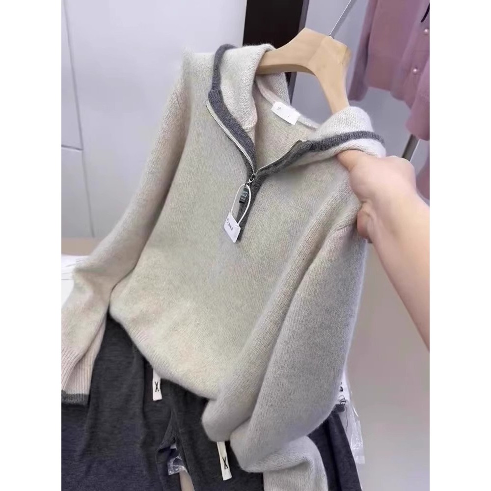 燕麦色半拉链套头羊毛针织上衣女秋冬加厚慵懒风宽松撞色连帽毛衣