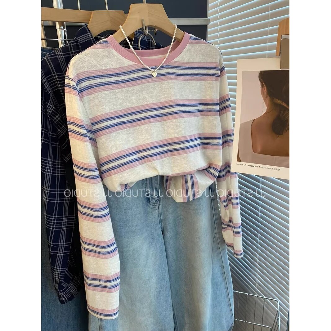 夏新款韩国薄款防晒甜美彩色条纹宽松长袖针织衫女春上衣打底罩衫