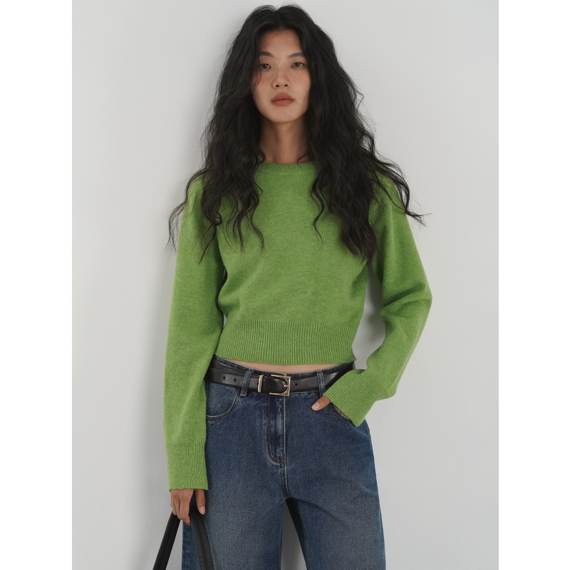 美式复古草绿色短款毛衣2025秋季新款圆领高腰针织内搭打底衫上衣
