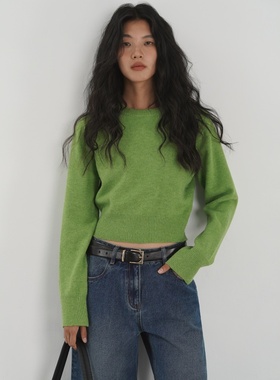 美式复古草绿色短款毛衣2025秋季新款圆领高腰针织内搭打底衫上衣