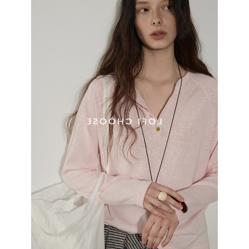 法式高级感亮色扣点缀肌理感亨利领长袖T恤女春季新款设计感上衣