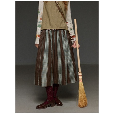 古着感条纹拼接复古格子半身裙女秋季新款宽松百搭文艺大摆长裙子
