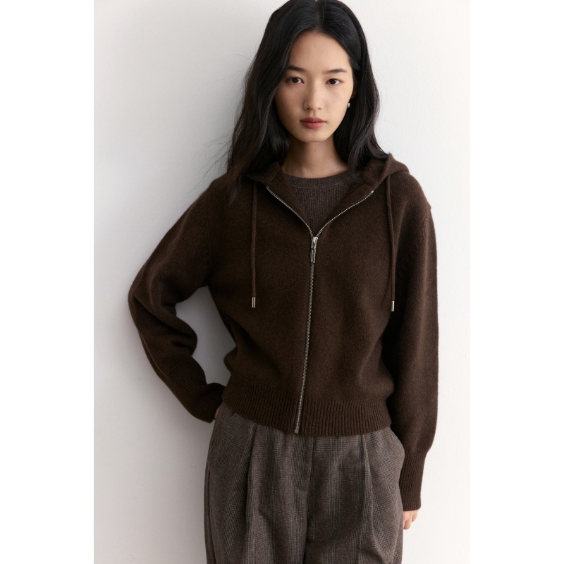 美拉德咖色连帽抽绳卫衣拉链针织开衫毛衣女新款春秋法式外套上衣