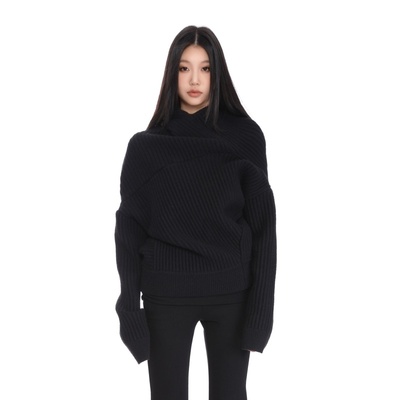 黑色高领毛衣女秋冬季2025新款慵懒高级感宽松加厚设计感针织上衣